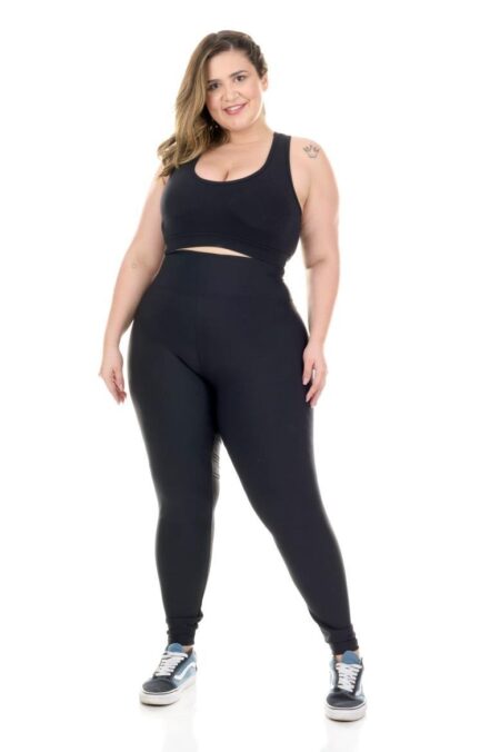 Conjunto Fitness com Calça Legging com Cós Alto Plus Preta Basic